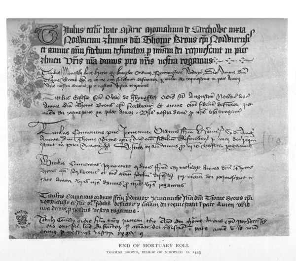 Plate:  End of Mortuary Roll,  Thomas Brown, Bishop of Norwich  d. 1445