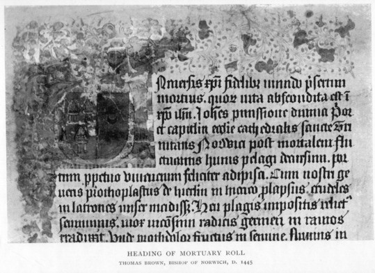 Illustration: Heading of a Mortuary Roll, Thomas Brown, Bishop of Norwich, d. 1445
